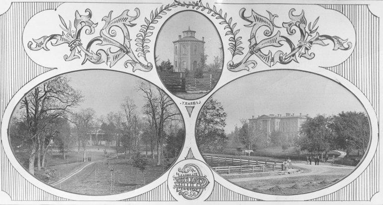 Historical collage of Centre College buildings on campus